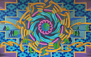 vibrant mural with a central circular design. At the center is a small depiction of the Earth surrounded by swirling rings of purple and pink. Six stylized, light-blue hands reach inward from the circumference of this circle