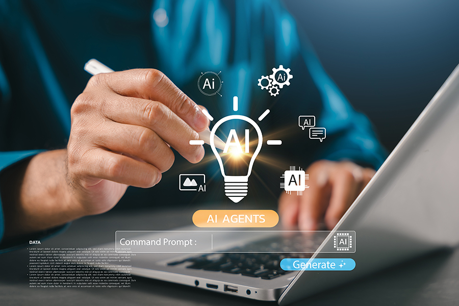 person using laptop with ai in lightbulb